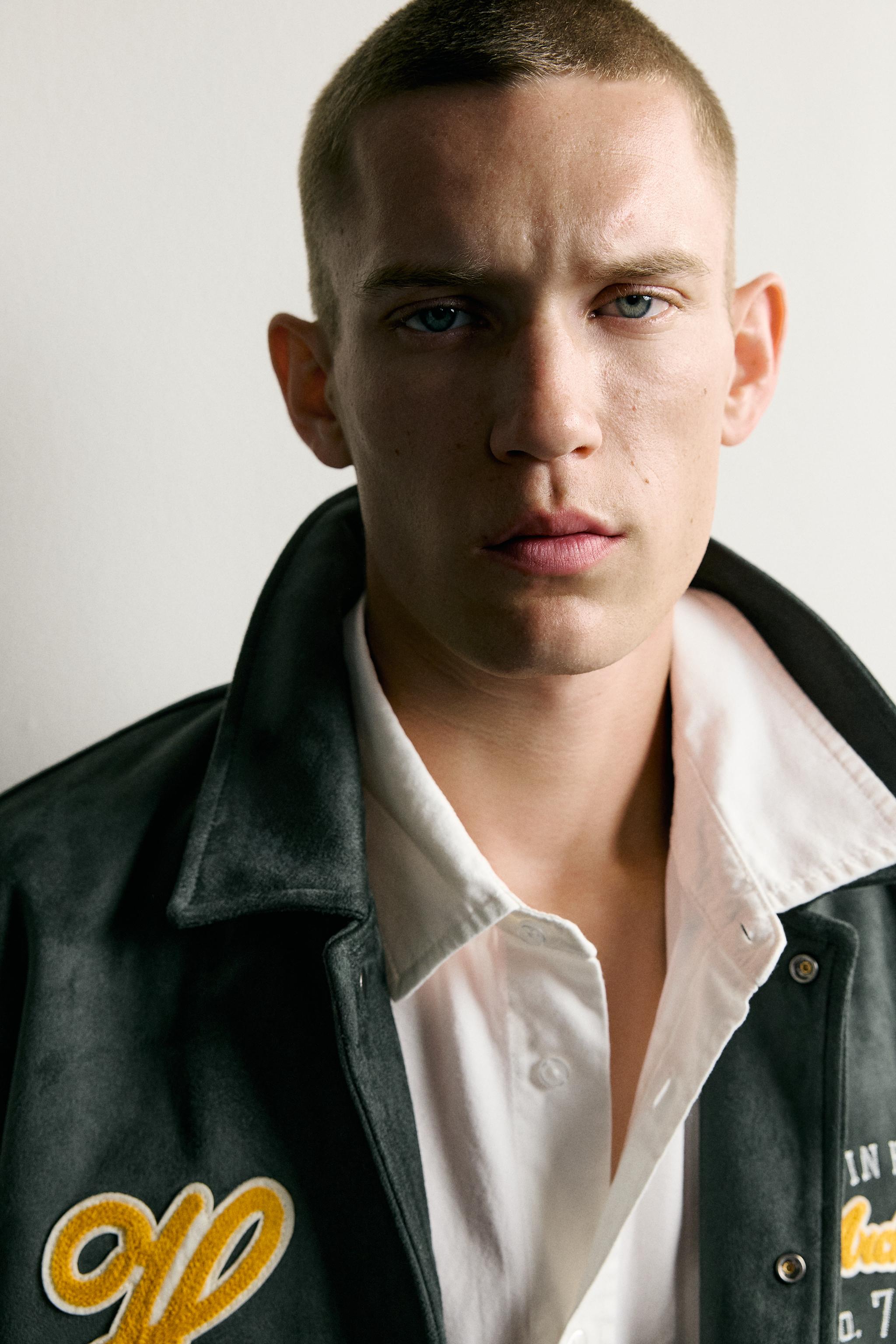 SUEDE-EFFECT PATCH BOMBER JACKET